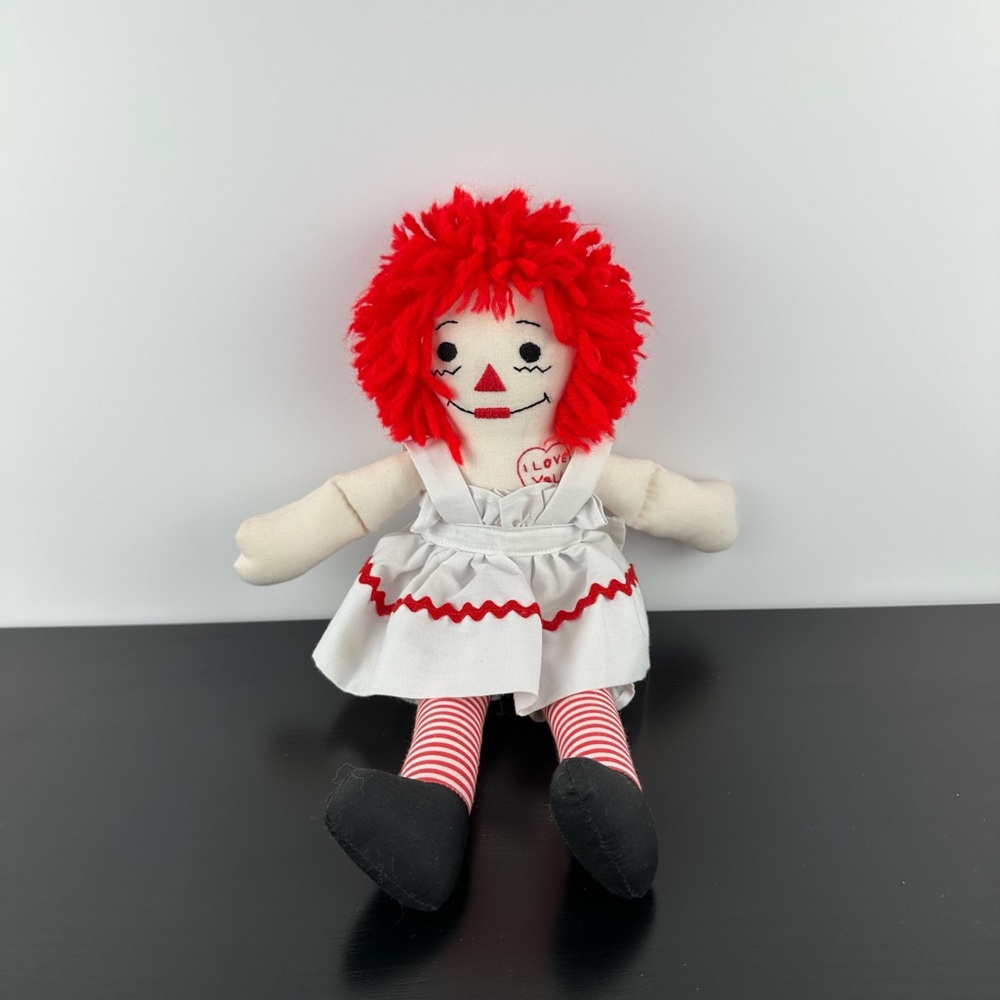 Raggedy Ann I Love You Plush Stuffed Doll 12” White Dress Red Hair Vintage